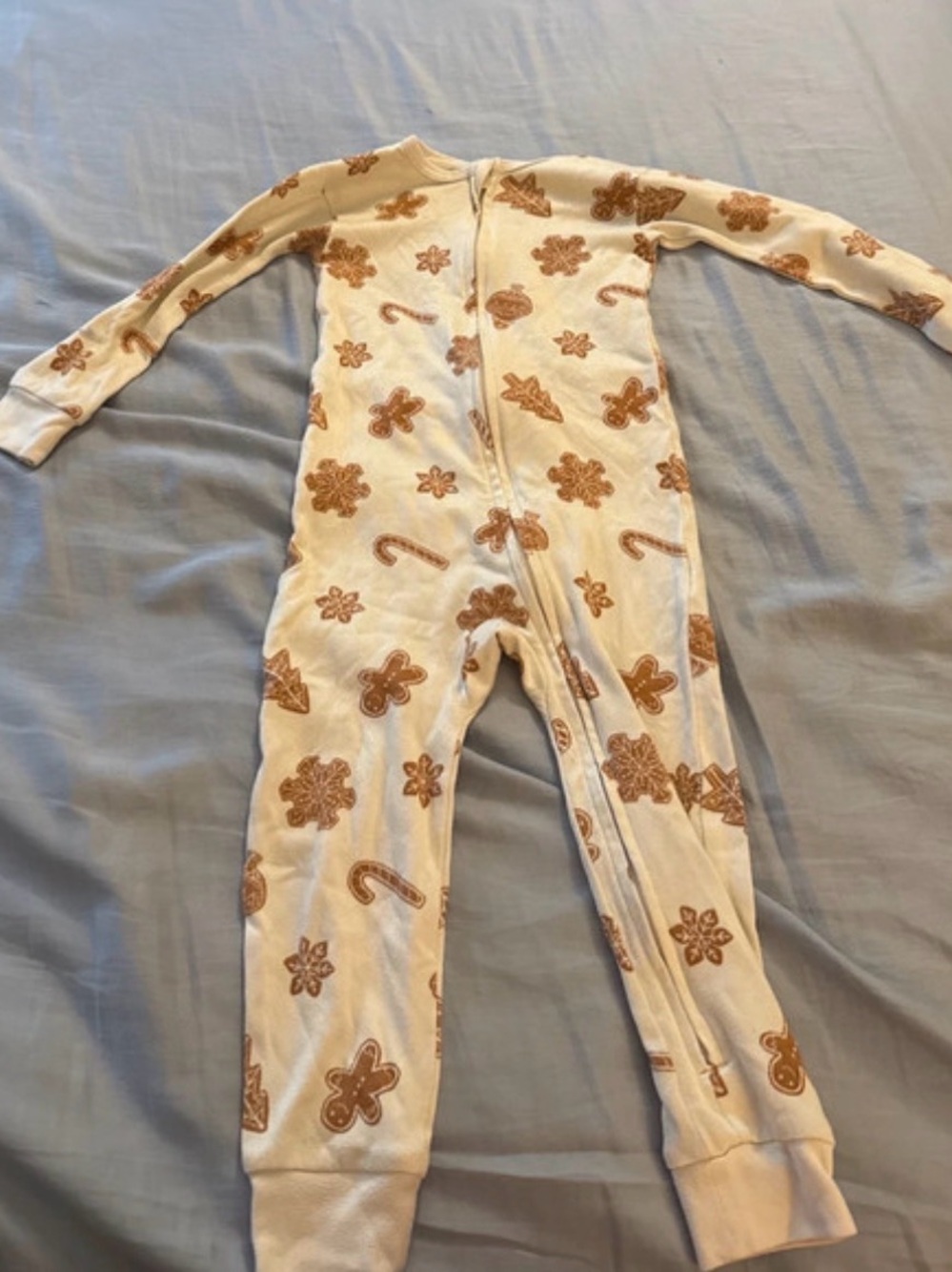 Kids Cream Holiday Footie Pajamas with Brown Gingerbread Print